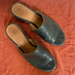 Frye black leather slides sandals with delicate studding detail, size 8